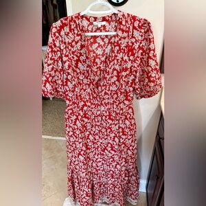 Madewell Red Floral V-Neck Puff Sleeve Midi Dress